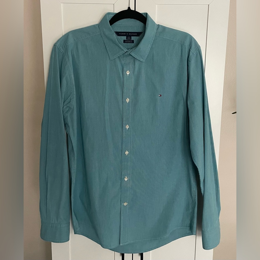 Tommy Hilfiger Men's Teal Shirt - Custom Tailored - Slim Fit - Large